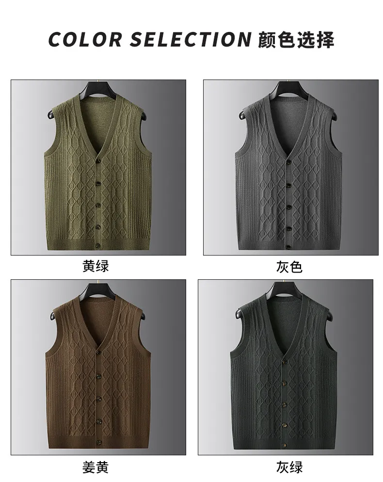 Autumn and winter men's knitted cardigan vest Grandpa sleeveless pure sweater thick needle vest sweater view 6