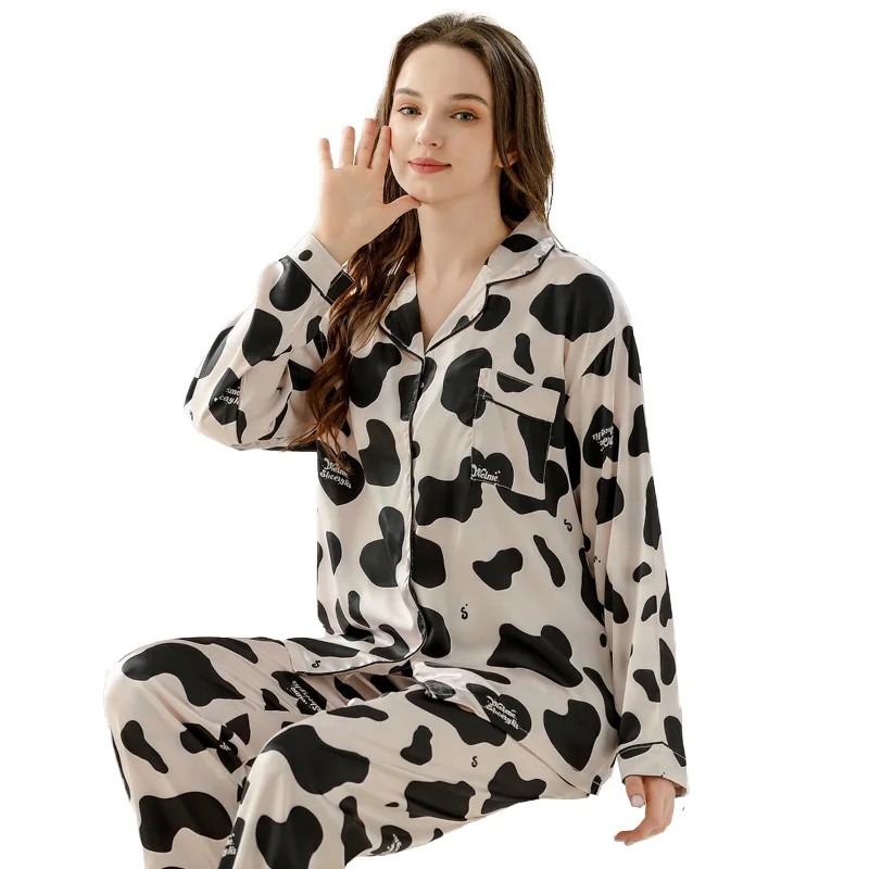 Women\'s Pajamas Sets Spring Autumn 2 Piece Cow Dot Print Pyjama Faux Silk Satin Sleepwear Long Sleeve Pijama Mujer Pjs Homewear