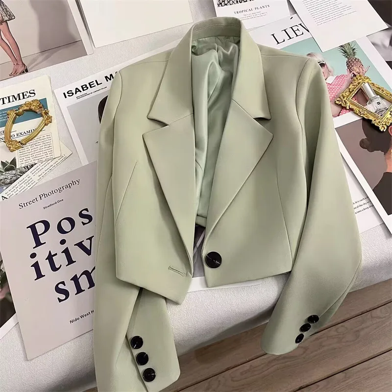 Women Short Blazer Coat Lapel Blazers Single Button Outerwear Work Long Sleeve Casual - close-up view