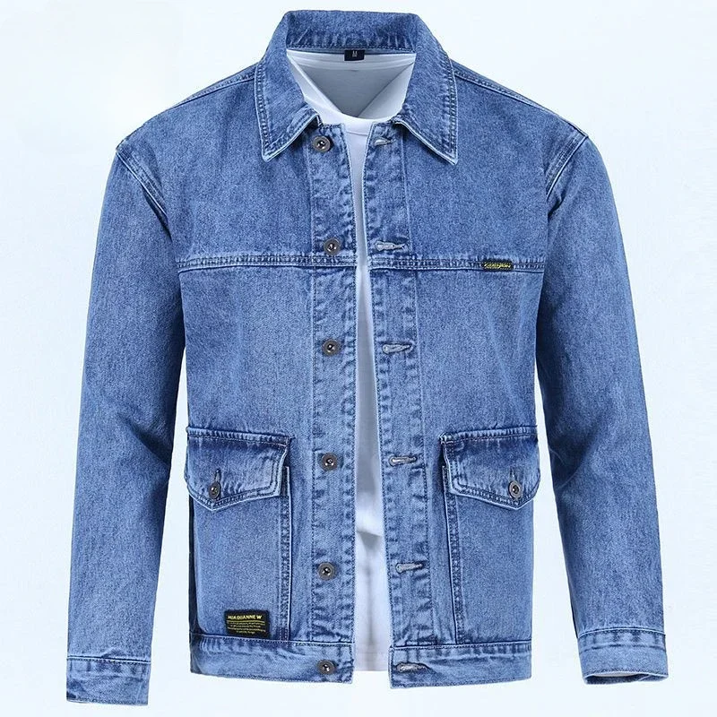 

GELITAYIN Male Jean Coats Wide Shoulders Autumn Men's Denim Jacket Gray Trendy Loose Vintage Korean Style Size L Outwear Casual