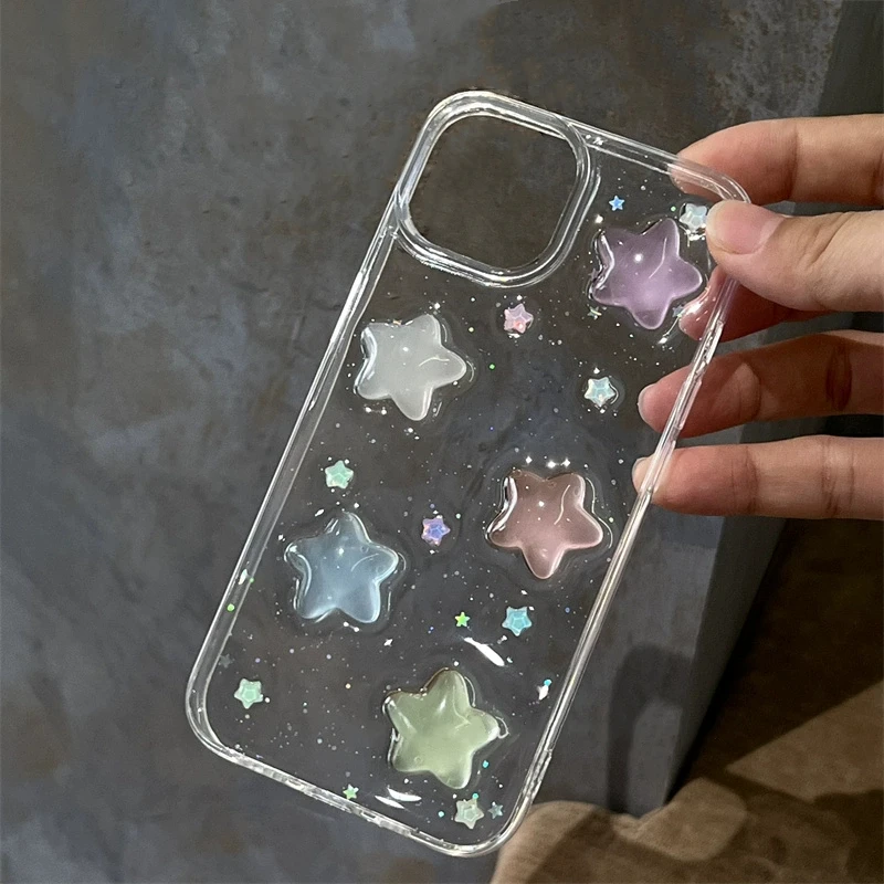 Cute Candy Star Shining Clear Case For Iphone 15 14 13 12 11 Pro Max MiNi Plus Glitter 3D Epoxy Soft Cover INS Korea Girl Shell