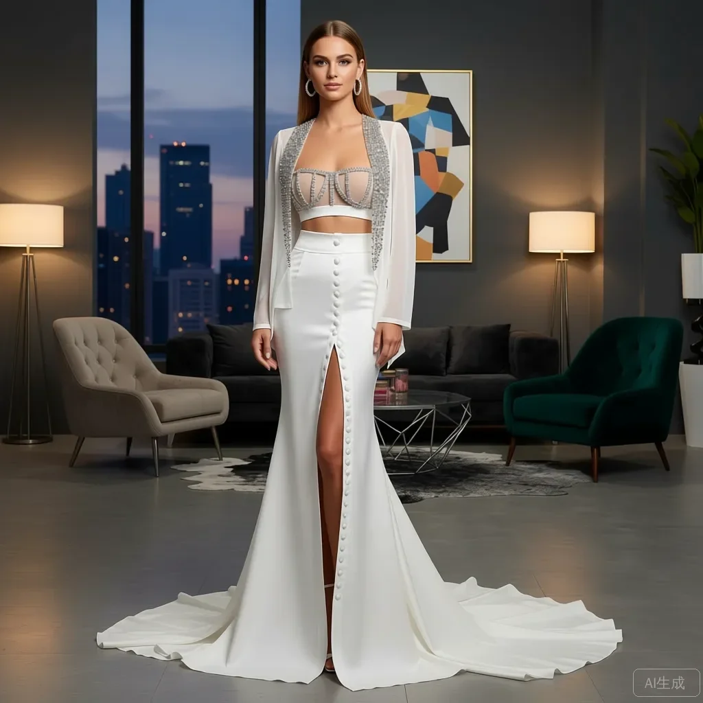 

White Satin High‑Waist Mermaid Skirt with Front Button Detail Floor‑Length Formal Evening Skirts Party Wedding Wear Customized