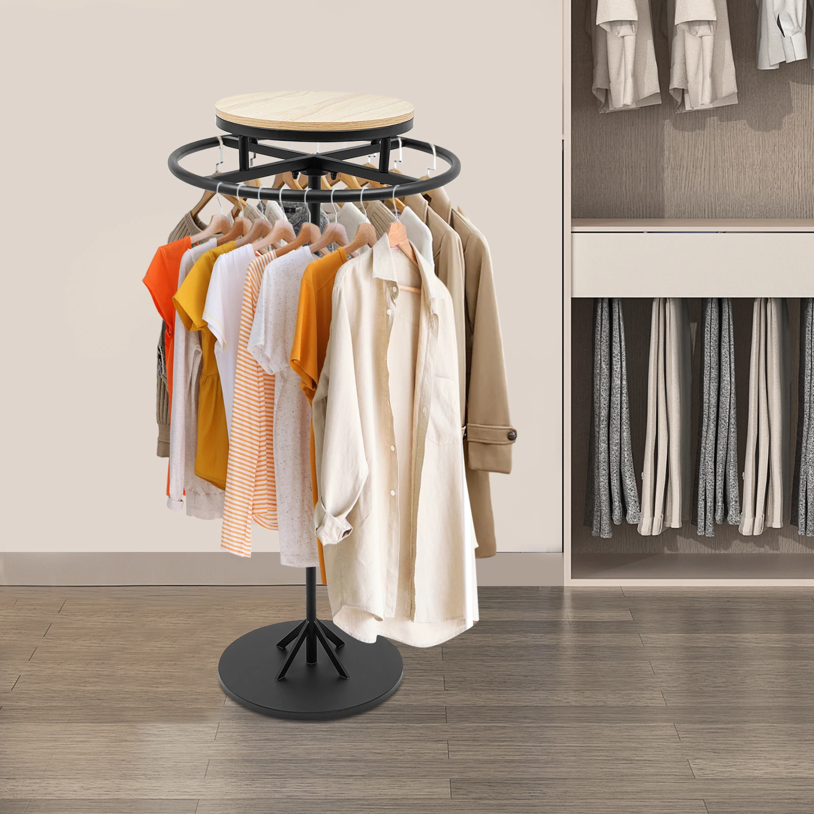 Round Garment Rack, Floor Standing Rotatable Clothing Rack, Portable Retail Display stand for Hanging Clothes Commercial Shop