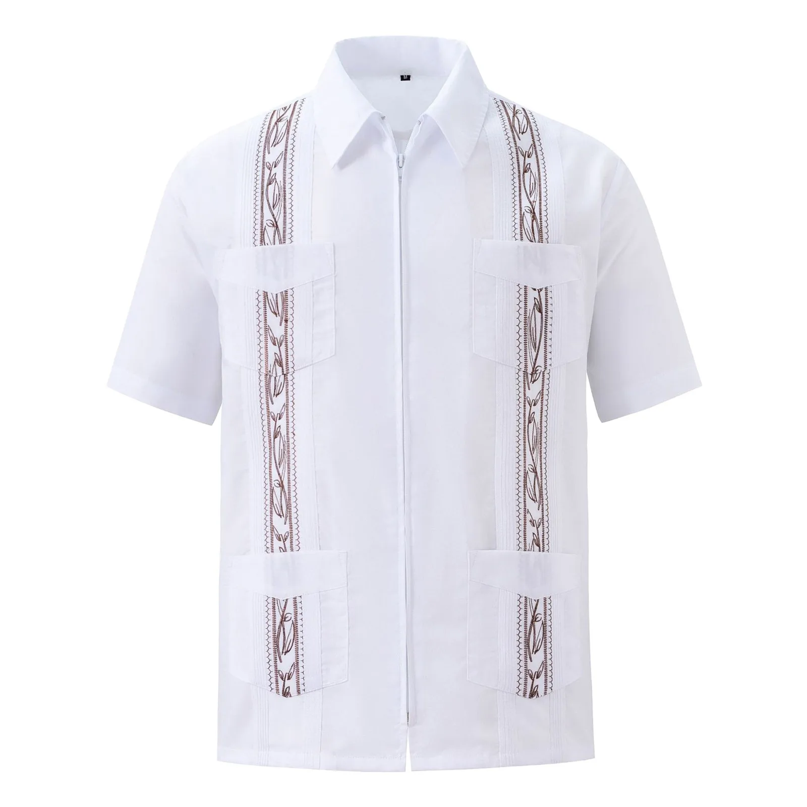 Men\'s Embroidery Short Sleeve Shirt Zipper Turn Down Collar Elegant Shirts With Pockets Spring Summer Vintage Undershirts Tops