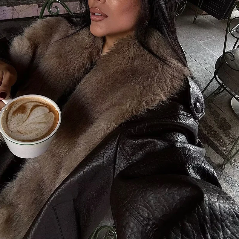 Women's Jacket 2025 New Fashion Autumn Winter Brown Detachable Faux Fur Collar Leather Jacket Casual Chic Ladies Coat