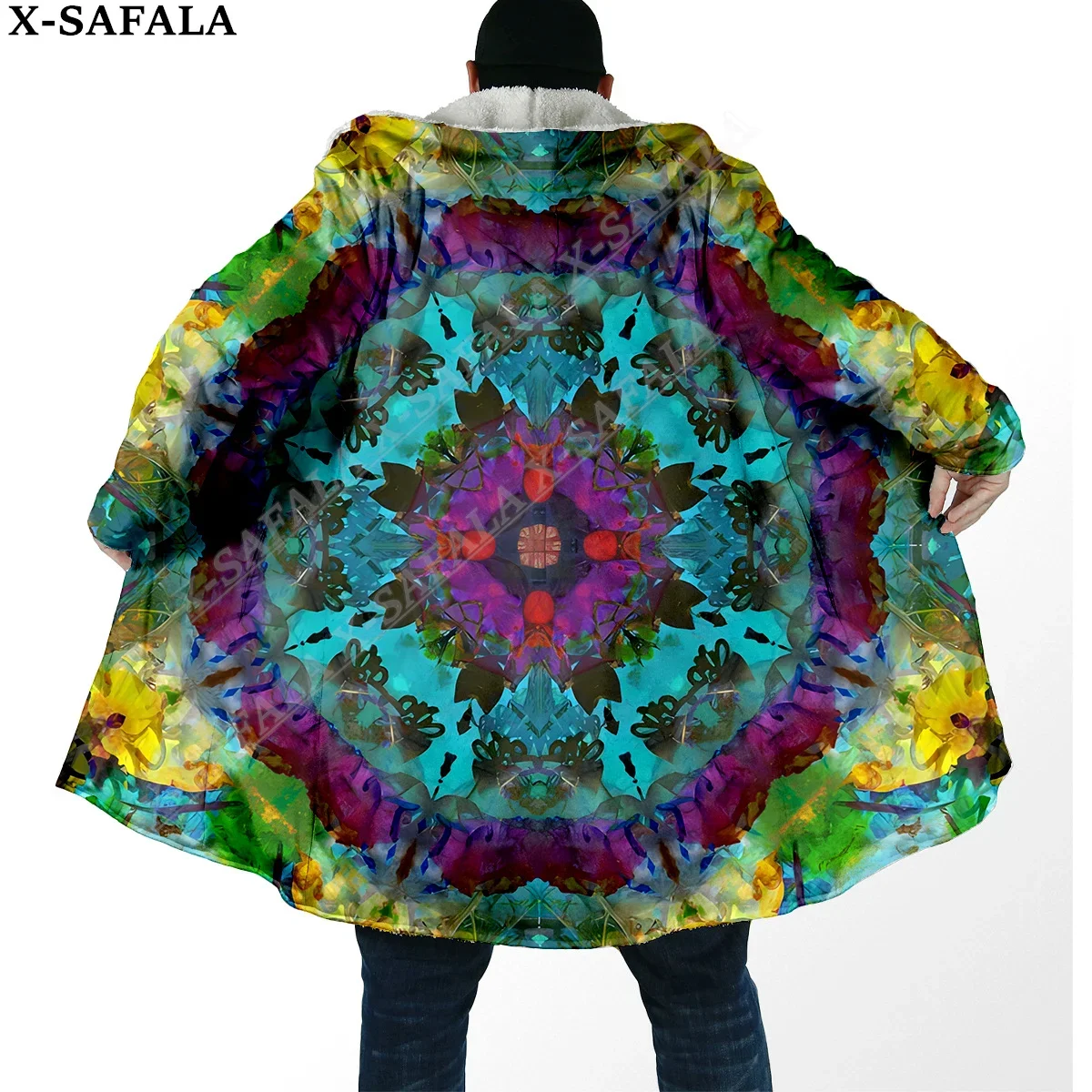 

Mandala Psychedelic Trippy 3D Print Dream Cloak Thick Warm Hooded Men Overcoat Coat Windproof Fleece Cape Robe Blanket-2