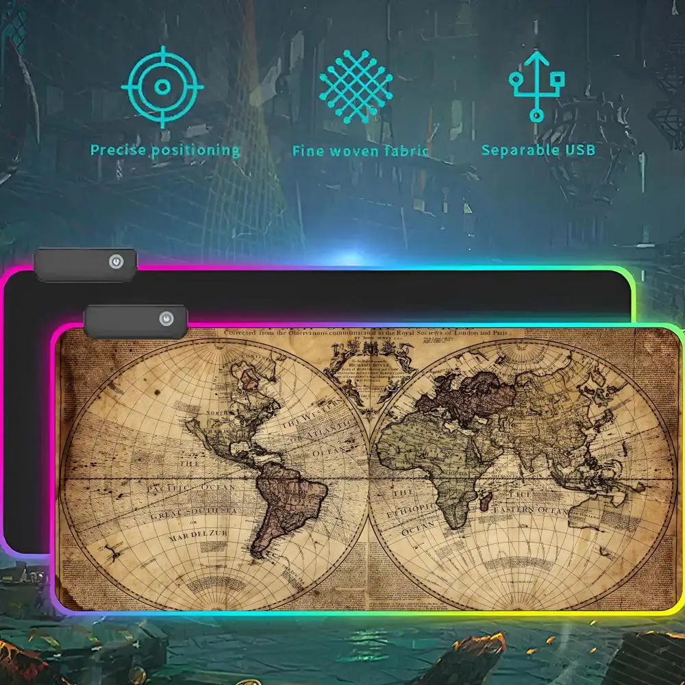 

Ретро-навигационная карта Art HD Коврик для мыши RGB LED Light Игровой коврик для мыши Водонепроницаемый большой коврик для геймерской мыши Большой коврик для клавиатуры Mause P