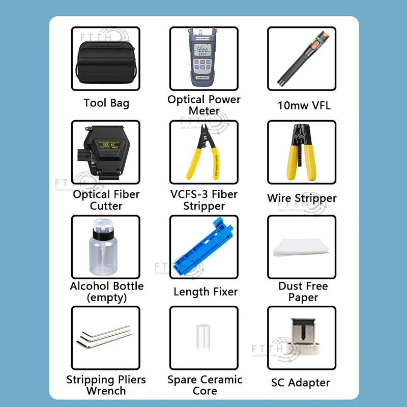 FTTH Tool Kit -70~+10dBm Optical Power Meter 10mw Visual Fault Locator Fiber Cleaver CFS-3 Wire Strippers Fiber Kit