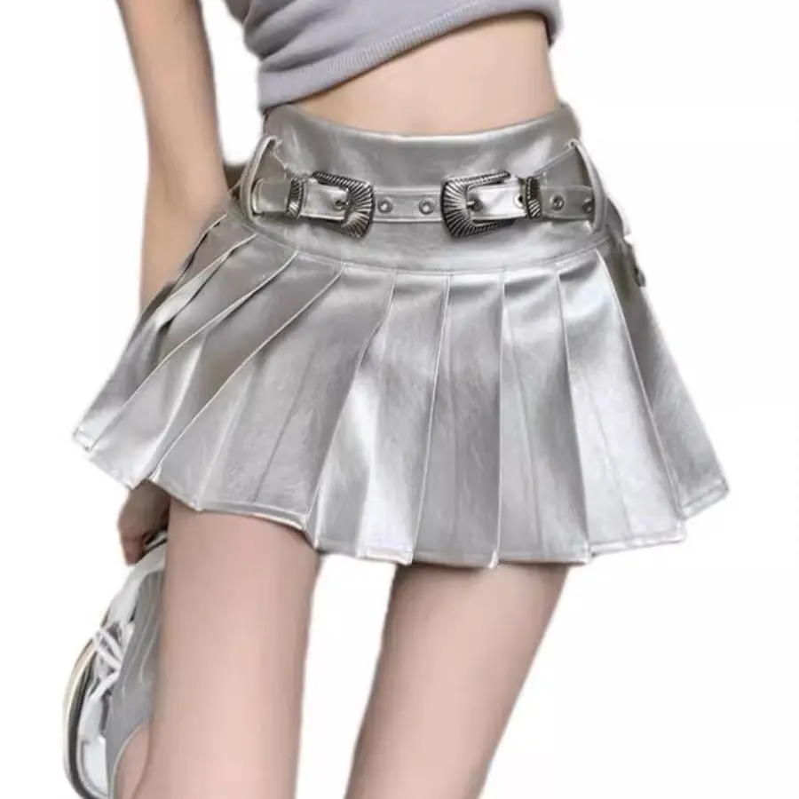 American Spice Girl Silver Advanced Women Skirts Belt Sexy Summer New Slim High Waist Pleated Mini Skirt Solid Female Fashion