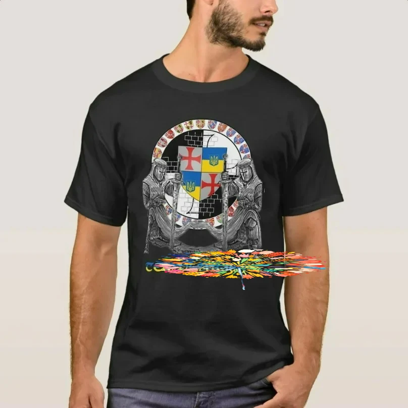 Knights Templar Badge Trident Flag Ukrainian Crusaders T-Shirt 100% Cotton O-Neck Short Sleeve Casual Mens T-shirt Size S-3XL