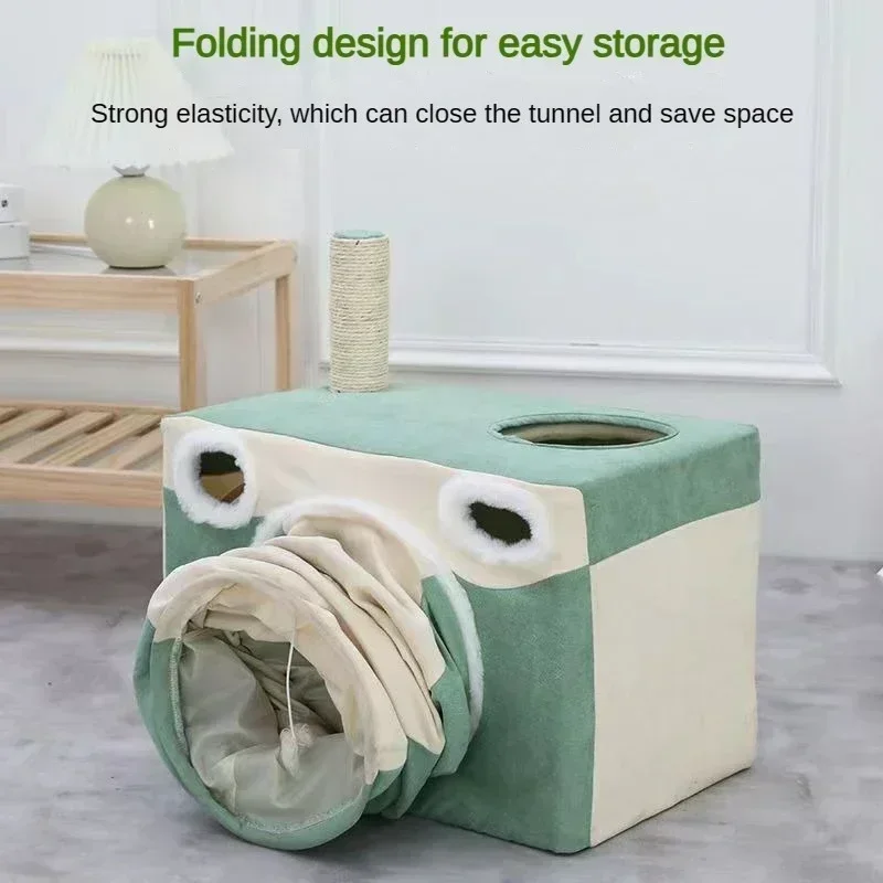 2in1 Foldable Cat Tunnel Bed, Cat House with Cat Scratching Post, Cat Hideaway Cave, Cubes Playground for Kitty, Cat Play Tunnel