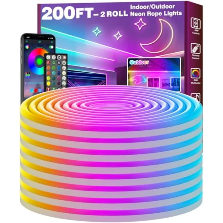 

200Feet LED Rope Lights Flexible Neon Lights with App/Remote Control Multiple Modes IP65 Waterproof Outdoor RGB Music Sync Gami