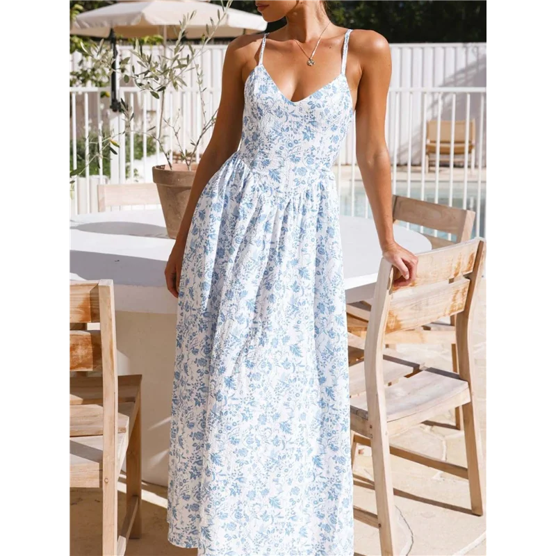 【ดู】ชุดเดรสแม็กซี่เดรสฤดูร้อนของผู้หญิงปี 2025 แขนกุดลายดอกไม้ Smocked Boho Beach Long Dress
