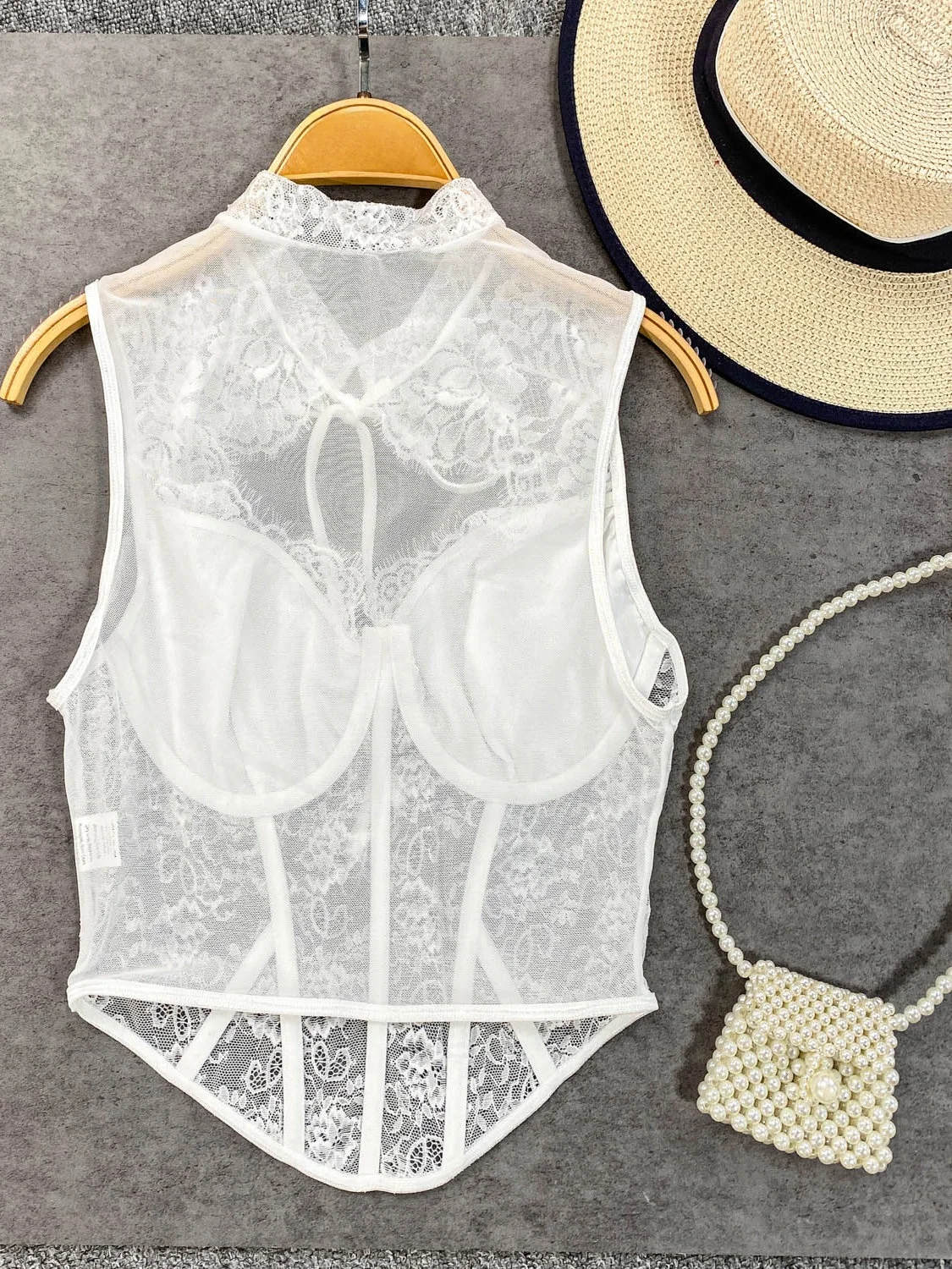 순수한 욕망 섹시 시스루 레이스 홀로우 아웃 스탠드 칼라 민소매 조끼 여성 여름 피쉬본 슬리밍 유혹적인 탑