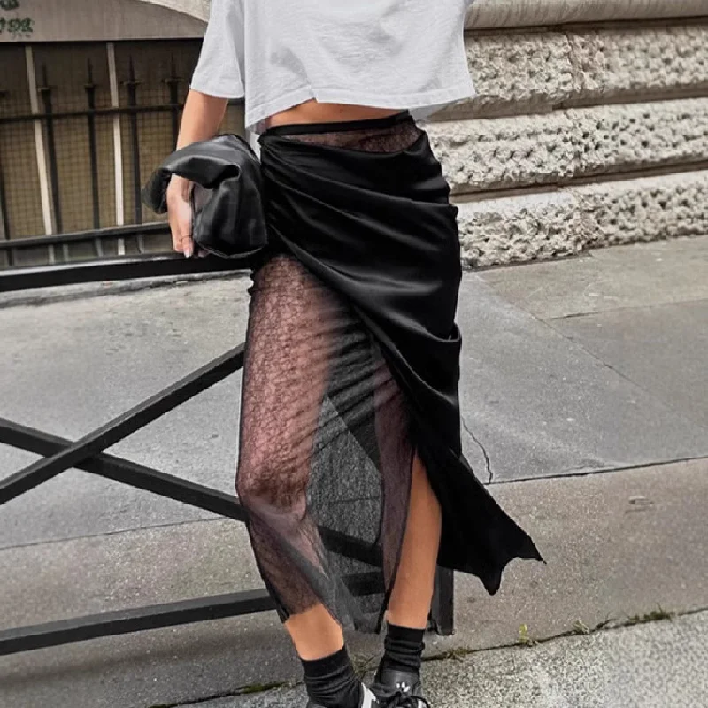 New High Slit Skirt for Women Black Asymmetrical Skirt with Satin and Lace Sexy Evening Club Skirt Fashion Side Slit Midi Skirt