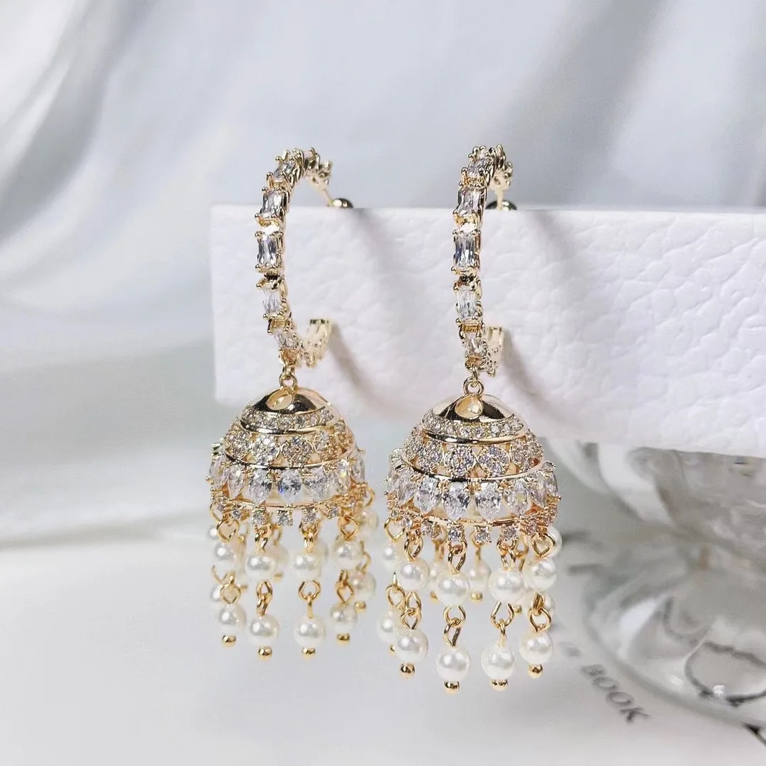 Fashion Wind Chimes Pearl Tassel Earrings Luxury Cubic Zirconia Women Jewelry Anniversary Gifts Wedding Drop Earrings