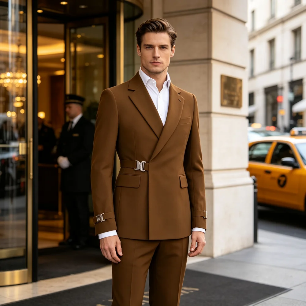 2 Pieces Men's Suits  Metal Buckle Business Slim Fit Stylish Business  Casual Tuxedo Suit For Wedding Groomsemen
