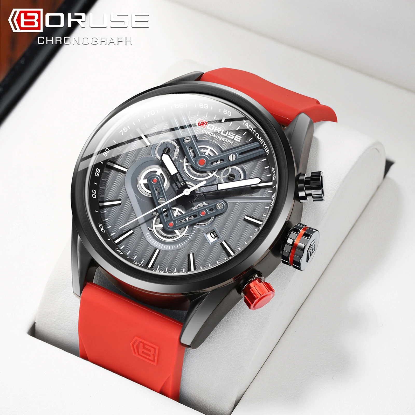 BORUSE Watches for Men Red Silicone Quartz Wristwatch Male Sports Waterproof Watch Man Business Casual Wrist Watches