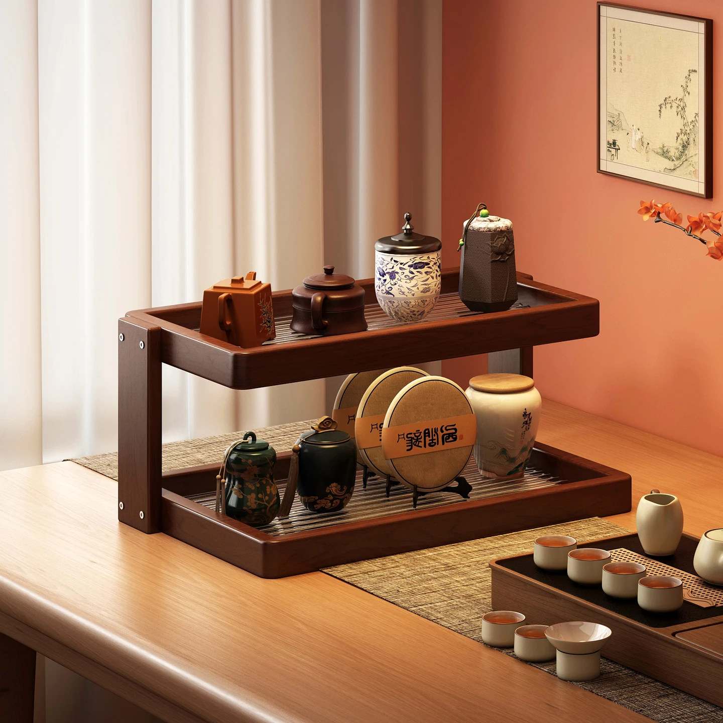 

Real Wood Multi-Layer Cup Holder Tabletop Organizer for Coffee Water Cups Storage Display Home Batoom Utili Ra