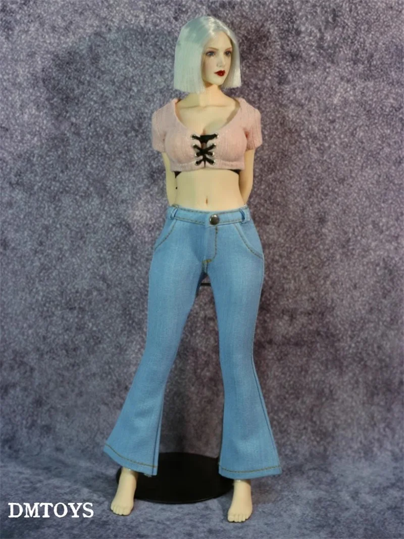 In Stock DMTOYS 1/6 Scale Fashion Sexy Beautiful Tethered Top Denim Flare Trouser Suit Fit 12inch Action Figure Model Toys