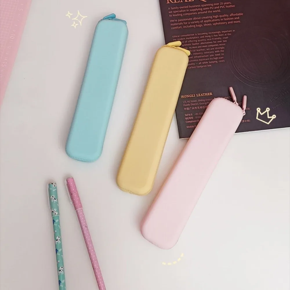 Simple Solid Color Silicone Pencil Case Multifunctional Long Pen Bag Macaron Zipper Stationery Storage Bag Friends