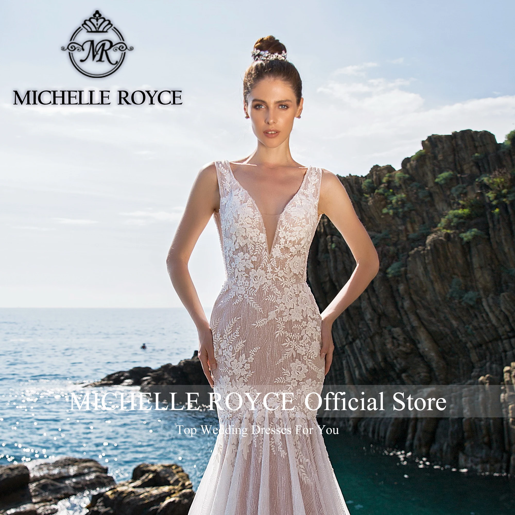 Michelle Royce ชุดเดรสเมอร์เมดเซ็กซี่ลึก V คอ Appliques ชุดแต่งงานเปลือยสําหรับเจ้าสาว 2022 Vestidos De Novia