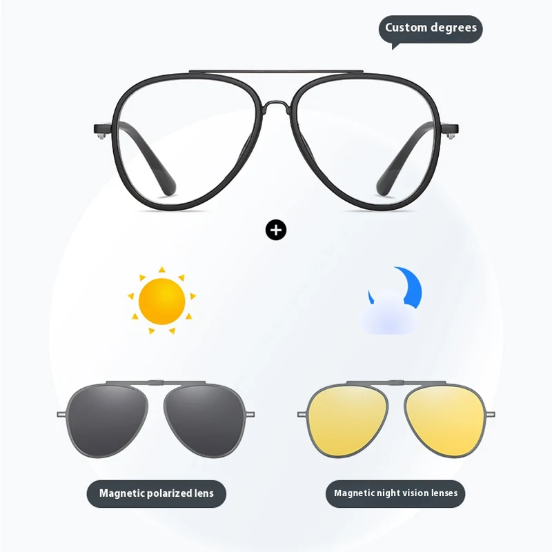 KIZN Sports 3 في 1 قصر النظر النظارات الشمسية الكلاسيكية مزدوجة شعاع الإطار المغناطيسي كليب مجموعة الاستقطاب الرجال النساء مخصص البصريات نظارات -0.50