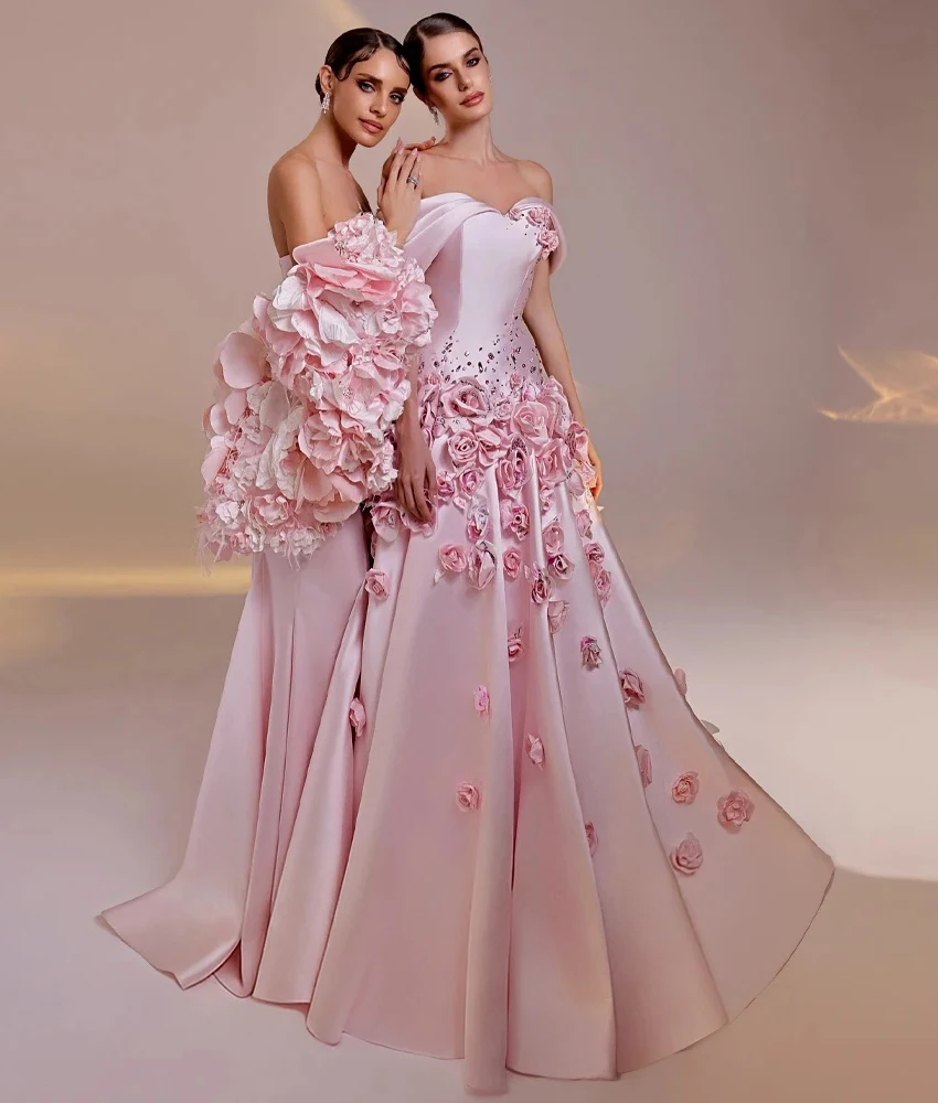 

Lzhk Customized Graceful Satin A-Line Off the Shoulder Crystal 3D Flowers Evening Dress Delicate Sweetheart Celebrity Gowns