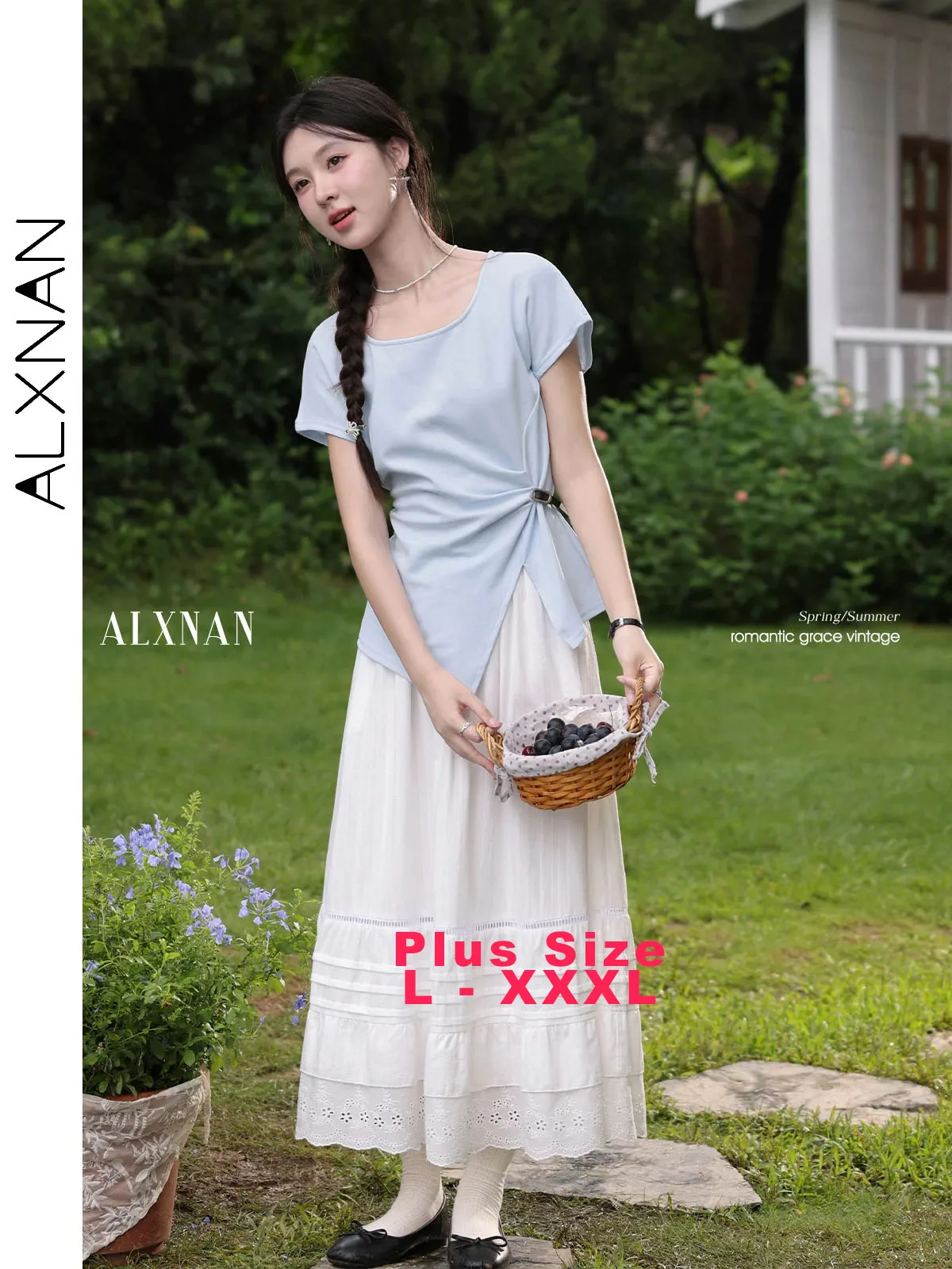 

ALXNAN Plus Size T-shirt Blue Elegant U-neck Irregular Pleated Cotton T-shirts Summer Casual Short Sleeve Tops Female D12139