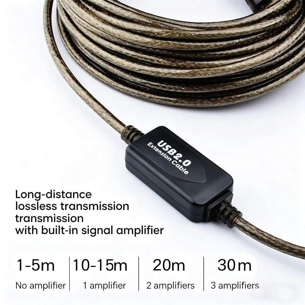 USB 2.0 Active Repeater Extension Cable Male to Female High Speed Signal Amplification Data Cord for PC Laptop Printer 5-30M