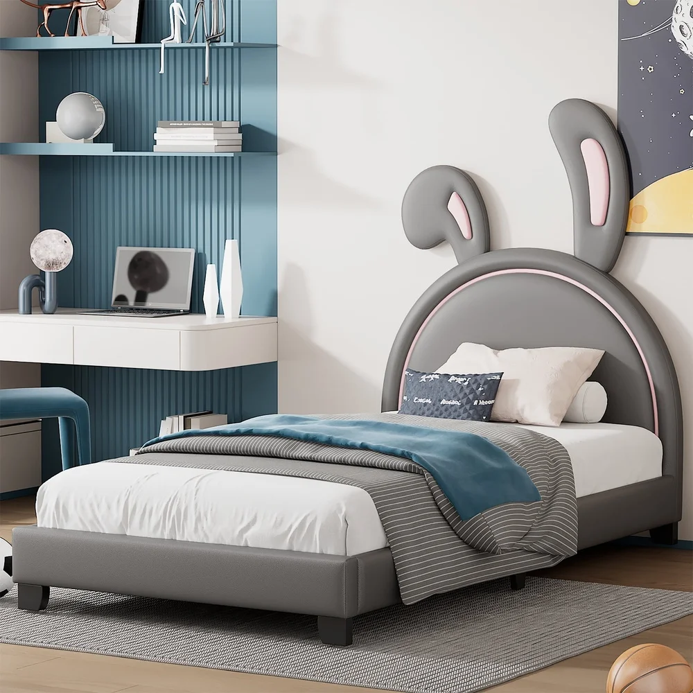 Upholstered Twin Size Platform Bed with Rabbit Ornament PU Leather Kids Bed Solid Pine Wood Frame Easy Assembly