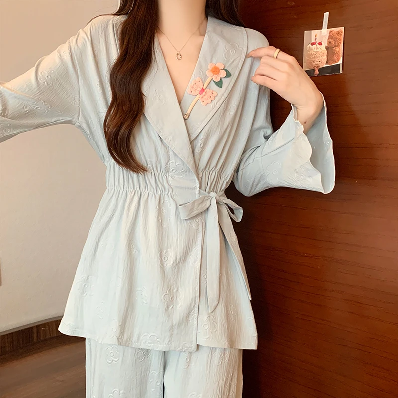 Long Sleeve Women's Sleepwear Cotton Silk Kimono Two-Piece Set Spring Autumn Lightweight Home Clothes Sweet Lady Style