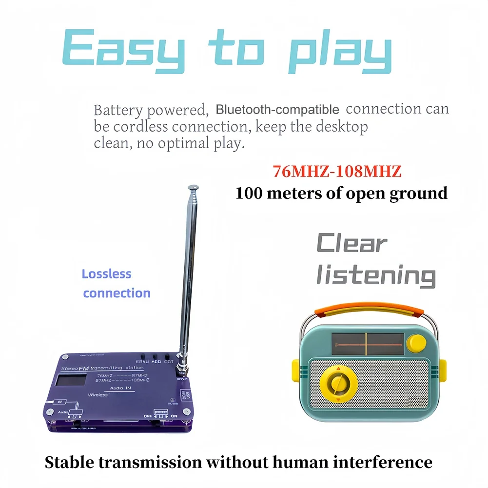 Easily Transportable FM Radio Transmitter Offering Wireless Connection Options and Clear Sound Quality Features