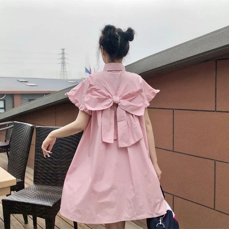 Sweet Pink Chiffon Short Dresses Women Summer Short Sleeve Polo-neck Bow Loose Solid Color Korean Style Versatile Dresses Female