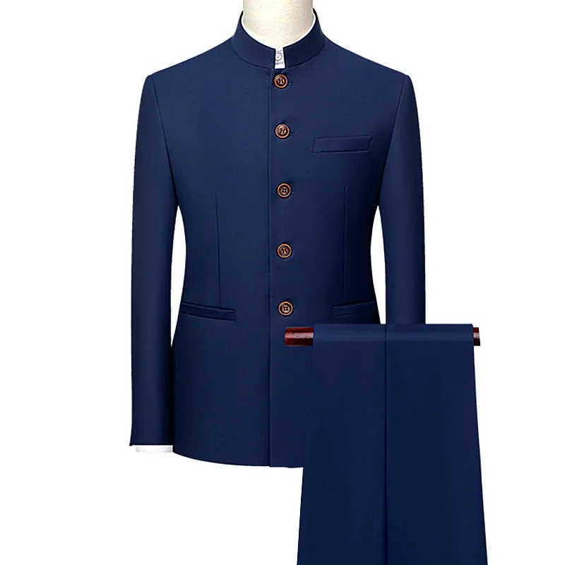 Men\'s White Single Breasted Stand Up Collar Suit 2-Piece, Chinese Style Red Slim-Fit Blazer Coat and Pants, Black, Blue, Yellow.