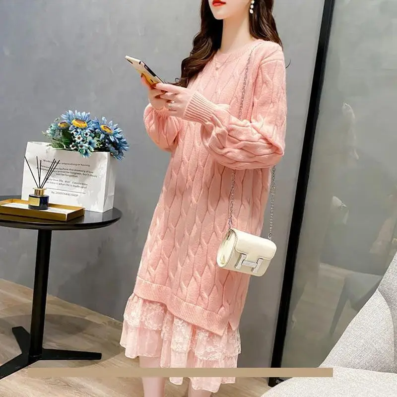 

New Woolen Dress Mid Long Lace Thick Long Sleeved Knitted Dress for Early Autumn New Base Skirt