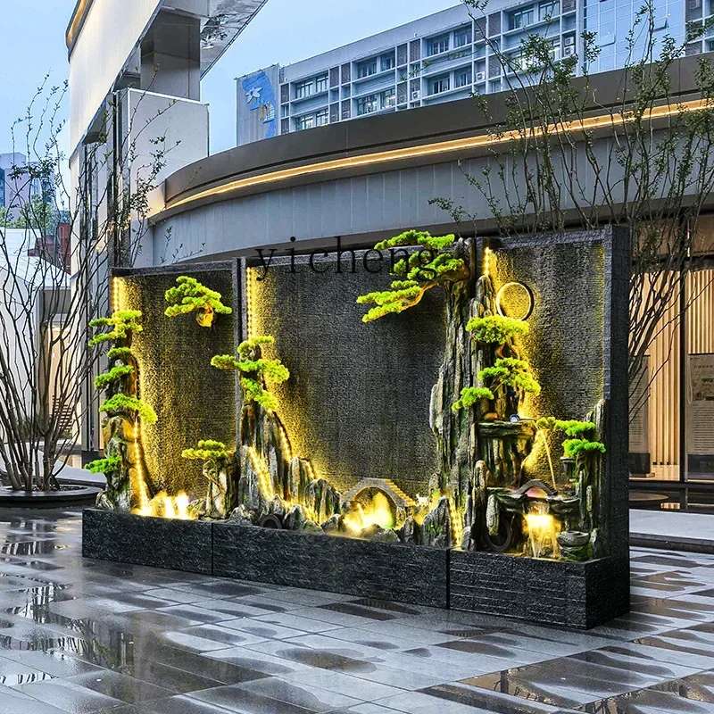 O3-13    large rockery water curtain wall running water partition screen living room club background wall courtyard landscaping
