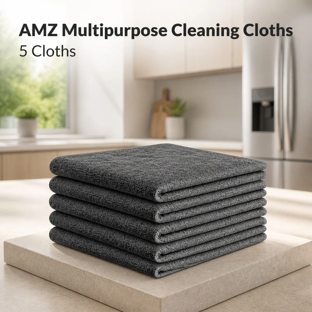 AMZ Multipurpose Cleaning Cloth Five Piece Set for Home Kitchen Glass Furniture Cookware Vehicle Interior Wet Dry Wiping Routine
