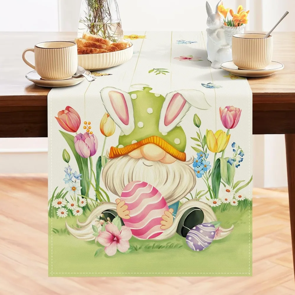 Easter Bunny Gnome Table Runner 13x72 Inch Eggs Rabbit Ears Floral Spring Seasonal Holiday Kitchen Dining Table Decoration