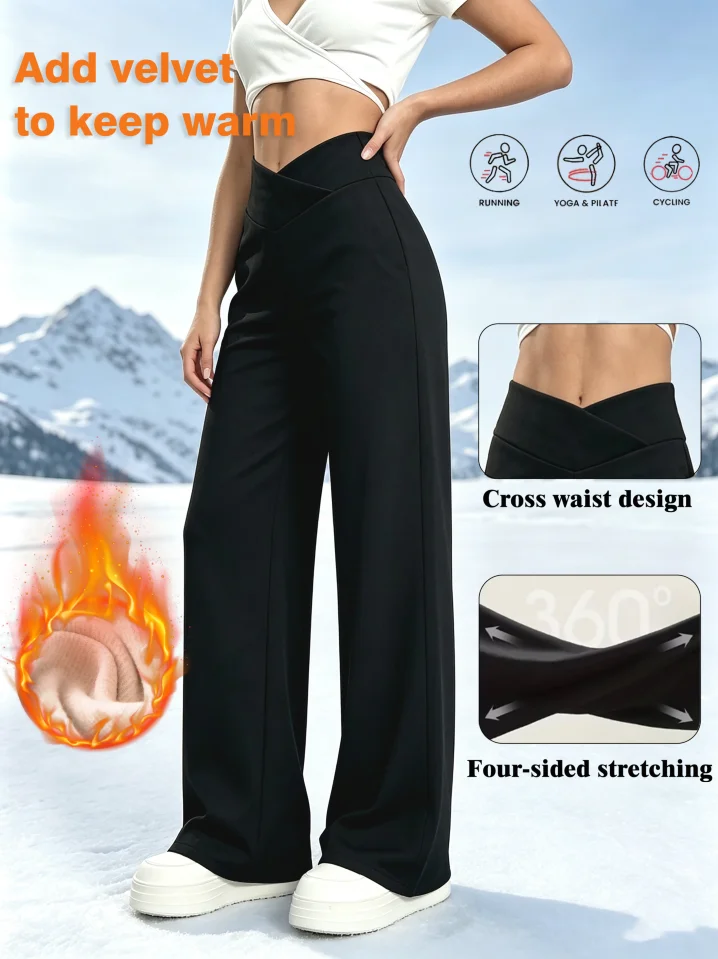 Ein Paar Damen-Samthose mit weitem Bein für den Winter, gekreuzter Bund, gerade geschnitten und außen samtig, warm und samtig. – Detail 3