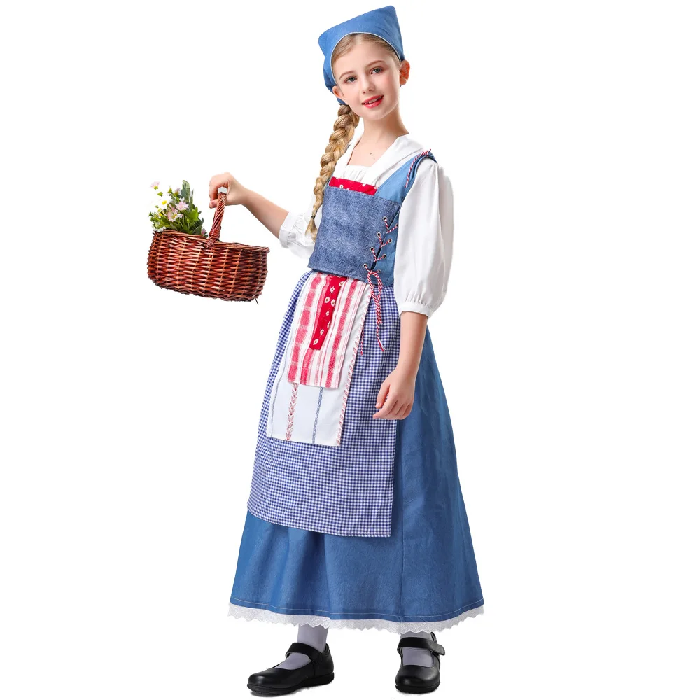 New Halloween Children's French Manor Maid Medieval Countryside Maid Long Dress Cosplay Dress Carnival Stage Performance Clothes