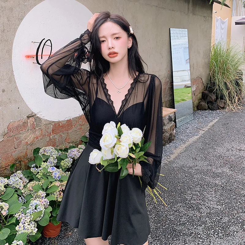 2024 New Korean V-neck One Piece Swimwear Women Dress Summer Lace Long Sleeve Push Up Black Ruffle Vacation Swimsuit Beach Wear