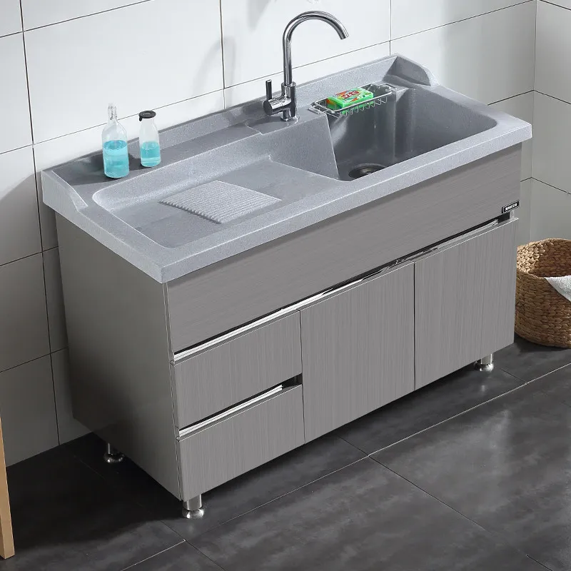 Laundry Cabinet Combination Stainless Steel Balcony Cabinet Artificial Quartz Stone Laundry Pool with Rubbing Board Laundry