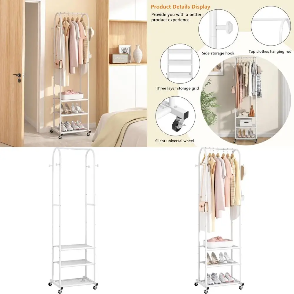 

Sturdy Wheeled Clothing Rack with 3 Shelves, 71.8 Display for Hanging Garments, Ideal for Small Spaces, White