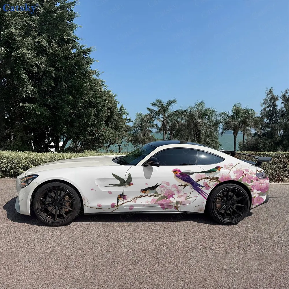 

2 шт. виниловых наклеек для автомобиля с изображением вишневого цвета и воробья, прочные, устойчивые к выцветанию, улучшающие эстетику автомобиля, с ярким художественным дизайном