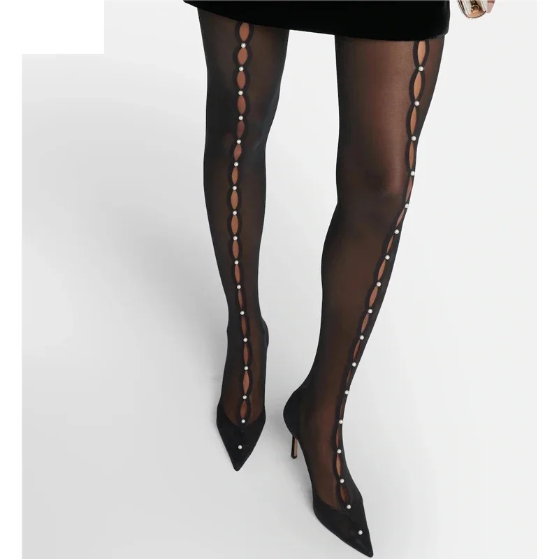 

Черные сексуальные стильные сетчатые женские сапоги выше колена с острым носком и жемчугом. Туфли без шнуровки на высоком каблуке-шпильке большого размера.