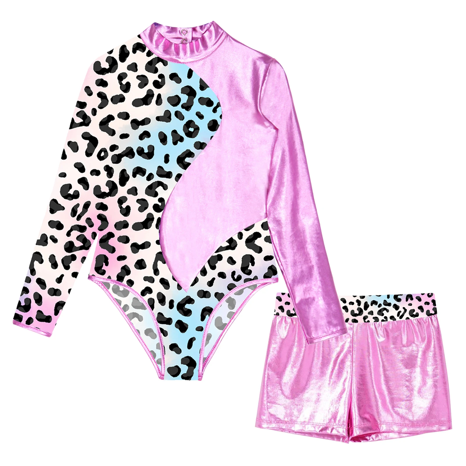 Kids Girls Ballet Dance Gymnastic Leotard Long Sleeve Print Bodysuit with Shorts for Skating Stage Performace Sports Swimwear