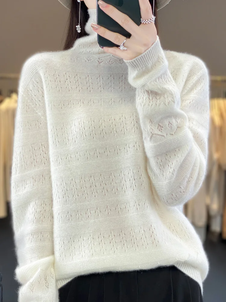 

Autumn Winter 100% Merino Wool Pullover Women Turtleneck Sweater Hollow Out Long Sleeve Cashmere Knitwear Korean Fashion Top