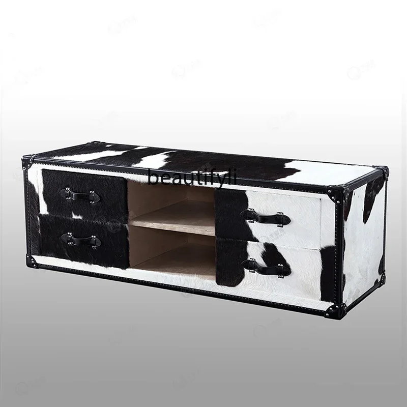 

Esmt163 American medieval TV cabinet space aluminum leather storage cabinet custom industrial wind oil wax leather box cabinet