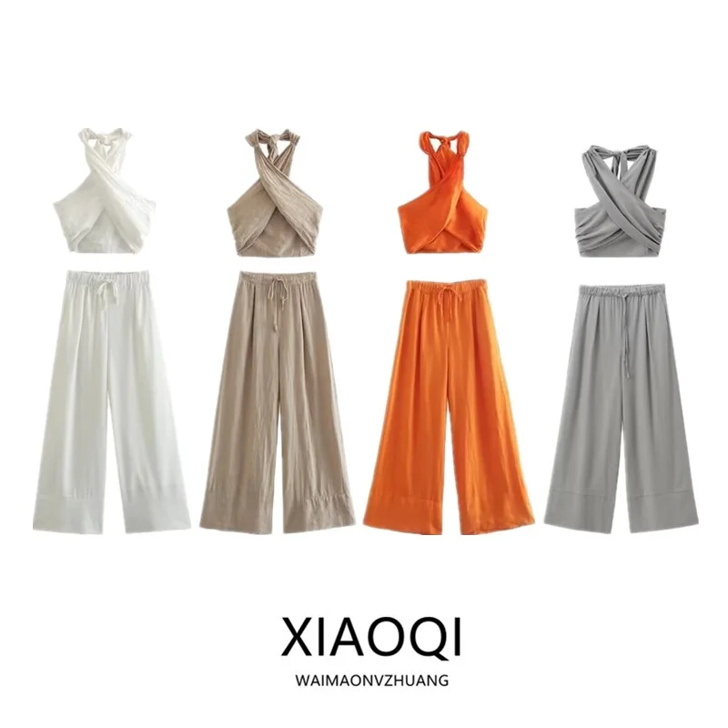 

Модный льняной комплект из топа и брюк с высокой талией для женщин, дизайн с воротником-элементом, идеально подходит для детей 25–35 лет, зима 2023, коллекция